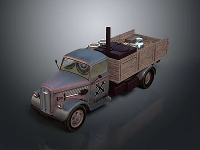 Vintage Military Truck with Wooden Cargo Bed and Equipment on Gray Body 3d model