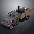Vintage Military Truck with Wooden Cargo Bed and Equipment on Gray Body
