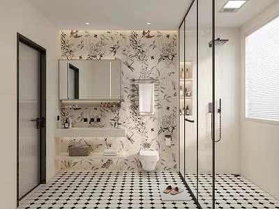 Modern Bathroom Interior With Floral Wallpaper Glass Shower And Black White Tiled Floor 3d model