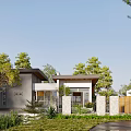 Modern Single Family Home Surrounded by Trees Green Lawn and Vintage Van in Driveway
