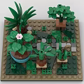 Building Blocks Crafted Miniature Garden with Potted Plants Green Foliage and Decorative Baseplate Design