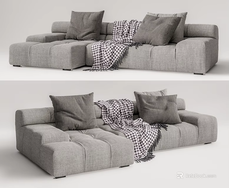 Cozy Modern Gray Fabric Sectional Sofa With Pillows And Plaid Blanket 3d model 