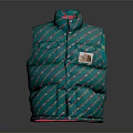 Turquoise Striped Puffer Vest With Brand Label And Pink Lining Details
