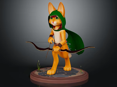 Cat Archer Wearing Green Cloak and Hood Holding Bow Standing on Base with Grass 3d model