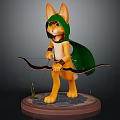Cat Archer Wearing Green Cloak and Hood Holding Bow Standing on Base with Grass