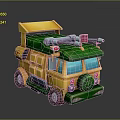 Yellow and Green Cartoon Style Toy Car with Roof Structure and Red Headlights