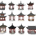 Various Traditional Chinese Pavilion Designs With Curved Roofs And Wooden Structures