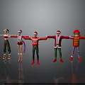 Five Children in Colorful Festive Christmas Costumes with Santa Hats Stretching Arms