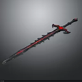Fantasy Metallic Sword Weapon With Sharp Blade Red Blue Accents And Intricate Hilt Design