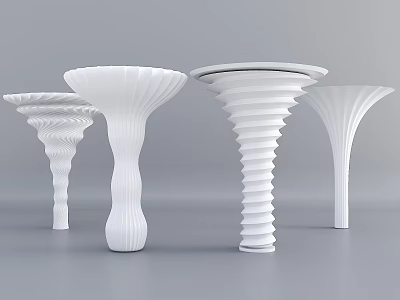 White Decorative Columns With Spiral And Curved Patterns On Gray Background 3d model