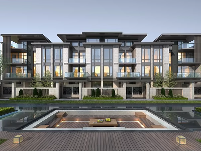 Modern Townhouses Exterior With Water Feature Courtyard And Glass Balconies 3d model