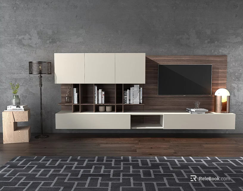 Modern TV Cabinet With Wooden Panel TV Mount Open Shelves And Storage Drawers 3d model 