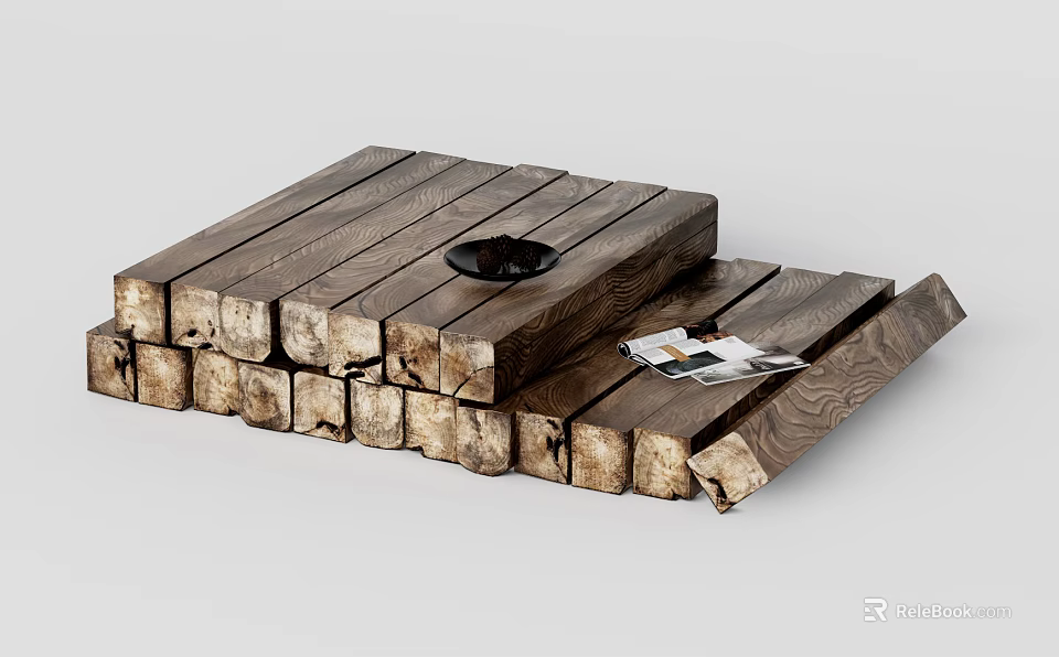 Rustic Wooden Coffee Table with Black Decorative Bowl and Magazines 3d model 