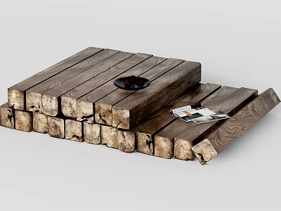 Rustic Wooden Coffee Table with Black Decorative Bowl and Magazines 3d model