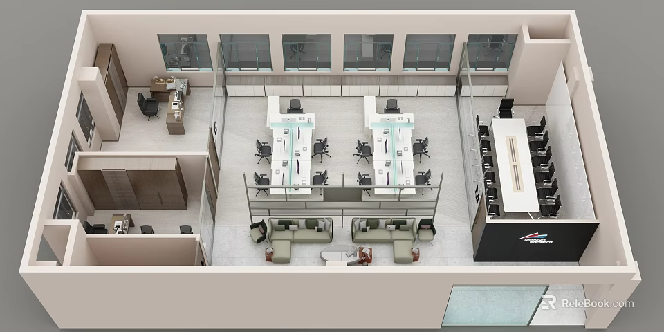 Modern Public Office Space With Open Layout Workstations Desks Chairs And Lounge Area 3d model