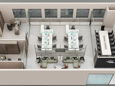 Modern Public Office Space With Open Layout Workstations Desks Chairs And Lounge Area 3d model