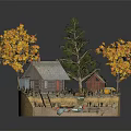 Cartoon Scene With Wooden Cabin Thatched Roof Red Door Yellow Truck And Orange Leaf Trees
