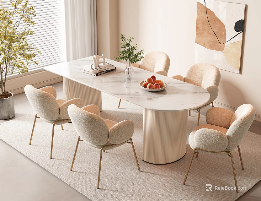 Modern White Dining Table Set with Beige Chairs Gold Legs Abstract Art and Green Plants 3d model 