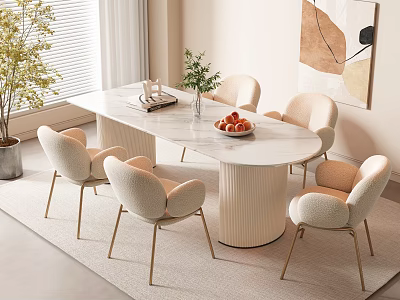 Modern White Dining Table Set with Beige Chairs Gold Legs Abstract Art and Green Plants 3d model
