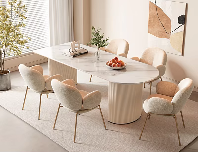 Modern White Dining Table Set with Beige Chairs Gold Legs Abstract Art and Green Plants 3d model