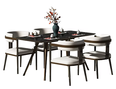 Modern Wooden Dining Table Set with Upholstered Chairs and Vase with Flowers 3d model