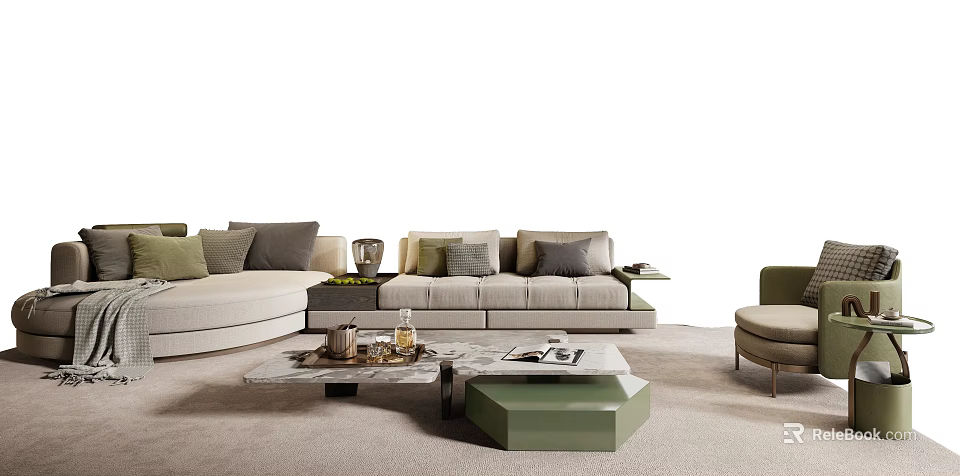 Modern Elegant Sofa Coffee Table Combination With Light Gray Sofa Multiple Pillows Green Hexagonal Table 3d model 