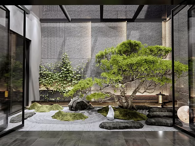 Zen Courtyard Garden Design With Japanese Pine Tree Smooth Stones And Raked Sand 3d model