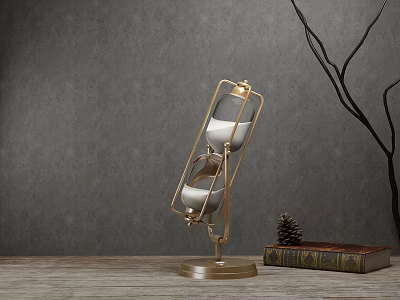Decorative Ornament Set Including Golden Frame Hourglass Vintage Book and Pine Cone on Wooden Tabletop 3d model