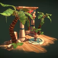 Cartoon Scene of Egyptian Style Arch with Columns Palm Trees and Sand Fountain