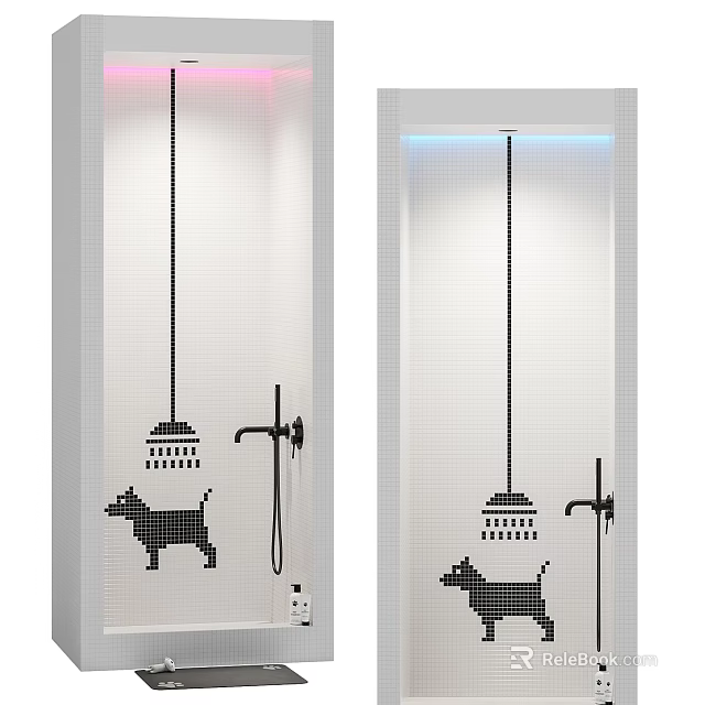 Modern Shower Room Interior With Red Blue Lighting Dog Pattern And Faucet 3d model 