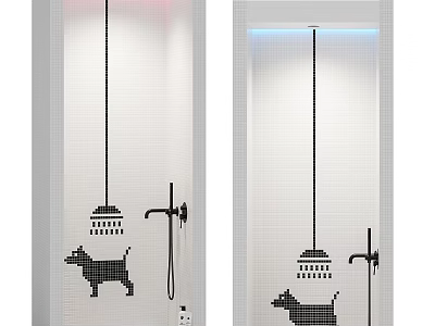 Modern Shower Room Interior With Red Blue Lighting Dog Pattern And Faucet 3d model