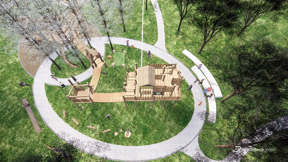 Serene Garden Landscape With Winding Paths Wooden Structures And Green Grass 3d model 