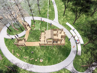 Serene Garden Landscape With Winding Paths Wooden Structures And Green Grass 3d model