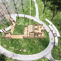 Serene Garden Landscape With Winding Paths Wooden Structures And Green Grass