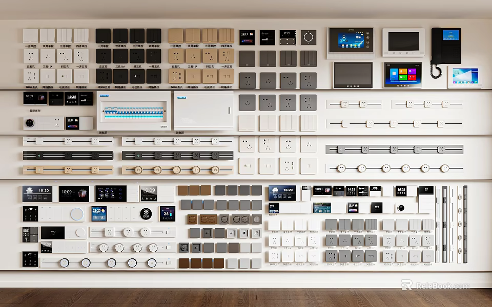 Various Modern Switch Panels In White Black Beige Colors With Different Layouts On Wall 3d model 