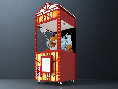 Red Functional Cart With Union Jack Design Claw Machine And Stuffed Toys 3d model