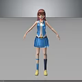 3D Anime Female Character With Red Hair Blue Outfit White Socks And Yellow Shoes