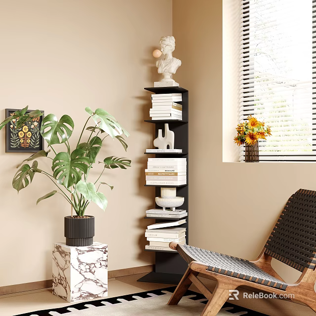 Black Multi Layer Shelf with Books Sculpture Vase Monstera Plant Near Chair Window and Sunflowers 3d model 