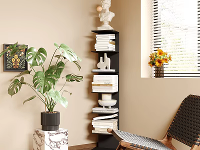 Black Multi Layer Shelf with Books Sculpture Vase Monstera Plant Near Chair Window and Sunflowers 3d model