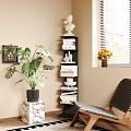 Black Multi Layer Shelf with Books Sculpture Vase Monstera Plant Near Chair Window and Sunflowers