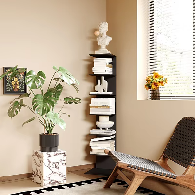 Black Multi Layer Shelf with Books Sculpture Vase Monstera Plant Near Chair Window and Sunflowers 3d model