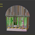 Parking Meter Installed At Small Building With Arched Roof And Green Door