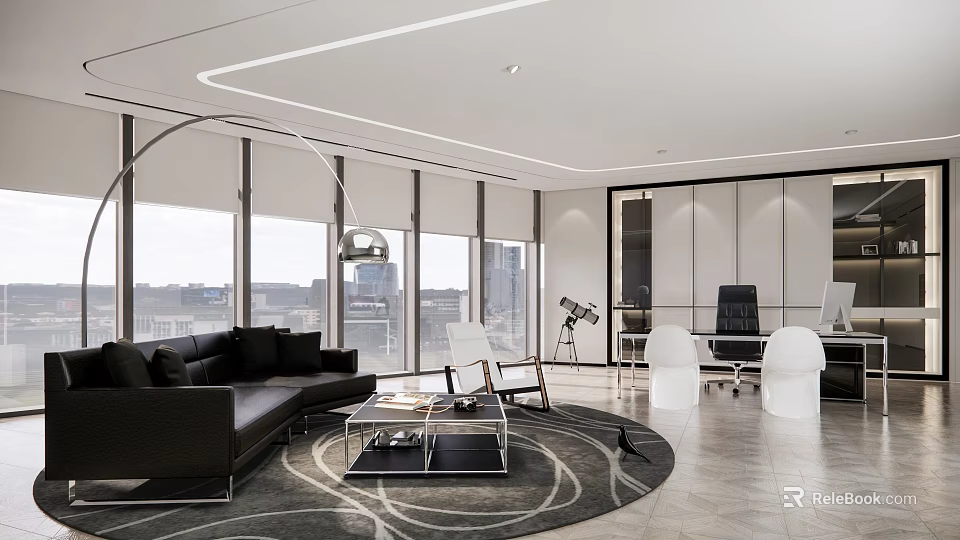 Modern Office Interior With Large Windows Black Sofa White Chairs And City View 3d model 