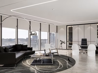 Modern Office Interior With Large Windows Black Sofa White Chairs And City View 3d model