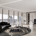 Modern Office Interior With Large Windows Black Sofa White Chairs And City View