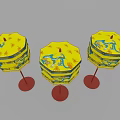 Three Yellow And Blue Dragon Pattern Canopies With Red Stands And Bases 3d model