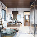 Modern Bathroom Interior Design With Glass Shower Marble Bathtub And Vanity Mirror