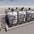 Industrial Equipment With Large White Storage Tanks Metal Frames And Platforms Against Blue Sky