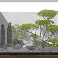 Zen Courtyard Garden Design With Stone Statues Pine Trees Stones And Sand