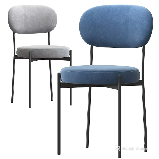 Modern Minimalist Chairs With Gray And Blue Velvet Seats And Black Metal Frames 3d model 